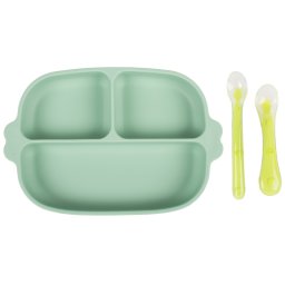 Set hranire bebe din silicon cu ventuza si 2 lingurite, verde, KidsCare