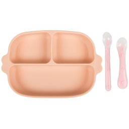 Set hranire bebe din silicon cu ventuza si 2 lingurite, roz somon, KidsCare