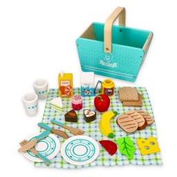 Set de picnic din lemn cu 26 piese si cos, pentru copii, Lelin