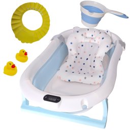 Cadita pliabila pentru bebelusi KidsCare albastra cu termometru si accesorii