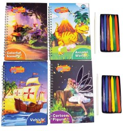 Set 4 caiete de colorat razuibile pentru copii, cu 12 culori