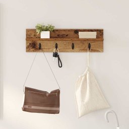 Cuier de perete pentru hol cu 4 carlige, lemn vechi, 60 x 10,5 x 18 cm