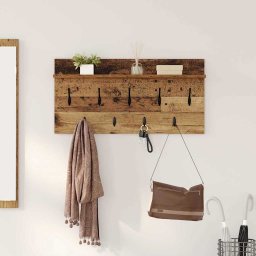 Cuier de perete cu raft si carlige, lemn vechi, 80 x 40 x 12 cm