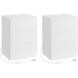 Set 2 noptiere VASAGLE albe cu 3 sertare, 2 prize AC si 2 porturi USB