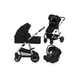 Carucior 3 in 1, lionelo, amber, cadru aluminiu, cu landou intarit si salteluta moale, cu scoica auto testata adac, reversibil, cu accesorii, geanta parinti, pana la 22 kg, negru silver
