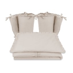 Lenjerie patut cu 4 piese, miminu, pentru patut 120x60 cm, cu doua protectii laterale, cu volanase, din bumbac certificat oeko tex standard 100, colectia royal, beige