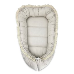 Cosulet bebelus, miminu, premium, pentru dormit, baby nest 55 x 75 cm, cu volanase si dantela, husa 100% bumbac, din bumbac certificat oeko tex standard 100, grey
