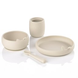 Set complet de masa, jane, din silicon, cu 4 piese, farfurie, bol, lingurita si pahar, bpa free, sand
