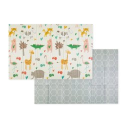 Covoras educativ, petite&mars, campy l, din spuma xpe non-toxica, cu doua fete, suprafata antiderapanta, 130x200 cm, pliabil compact 40×32×21 cm, model animalute si forme geometrice