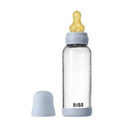 Bibs - set complet biberon din sticla anticolici cu tetina din latex, flux mediu, 240 ml, baby blue
