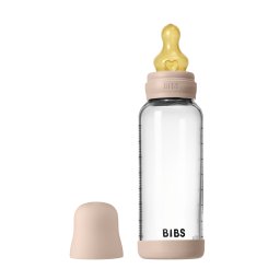 Bibs - set complet biberon din sticla anticolici cu tetina din latex, flux mediu, 240 ml, blush