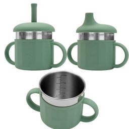 Canuta, new baby, cu manere si gura de scurgere care poate fi folosita de sine statatoare sau cu pai, 50% silicon, 50% otel inoxidabil, fara bpa, 0 luni+, green
