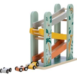Pista de masini, free2play, safari, din lemn, cu 3 masinute incluse, 26.9 x 23.6 x 7 cm