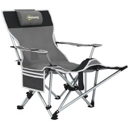 Scaun de camping pliabil si rabatabil Re-Bloom, metal/Oxford 600D, 82x50-100x88 cm, suport picioare detasabil, tetiera, 120 kg, gri - Verificat A · Re-Bloom