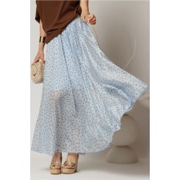 Fusta midi bleu cu buline clos din tencel casual eleganta