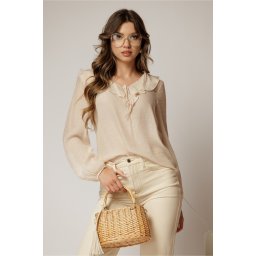 Bluza dama bej din bumbac si volanase cu snur la bust