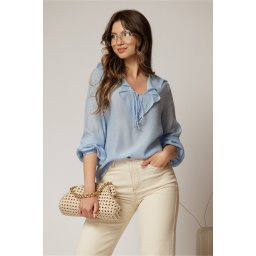 Bluza dama bleu din bumbac si volanase cu snur la bust