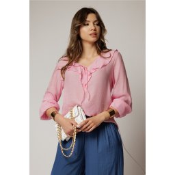 Bluza dama roz din bumbac si volanase cu snur la bust