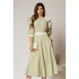 Rochie DY Fashion midi verde fistic cu buline si funda ampla pe umar