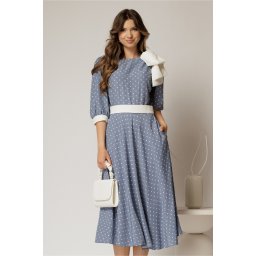 Rochie DY Fashion midi bleu cu buline si funda ampla pe umar
