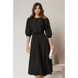 Rochie DY Fashion midi neagra cu buline si funda ampla pe umar