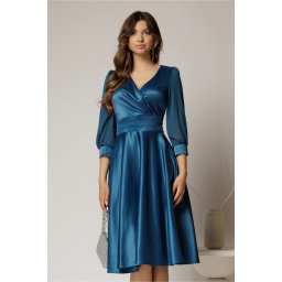 Rochie DY Fashion midi turcoaz din tafta cu maneci din voal cu lurex
