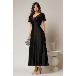 Rochie lunga neagra de ocazie cu decolteu adanc si maneci scurte evazate