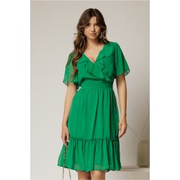 Rochie midi din voal verde cu decolteu petrecut cu volanase si maneci scurte