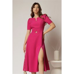 Rochie DY Fashion fucsia midi cu detaliu talie si decupaj la decolteu