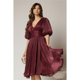 Rochie DY Fashion mov pruna cu decolteu adanc si nasturi din voal peliculizat