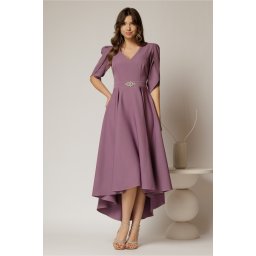 Rochie DY Fashion mov asimetrica cu maneci lalea si aplicatie pe talie