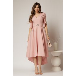 Rochie DY Fashion roz asimetrica cu maneci lalea si aplicatie pe talie