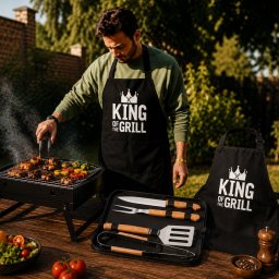 Set Cadou pentru Barbati King of the Grill cu Gratar Portabil, Sort si Accesorii BBQ