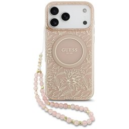 Husa Husa pentru iPhone 17 Pro Max - Guess IML Flowers Allover Electroplated with Pearl Strap MagSafe (GUHMP17XHCPOFPP) - Pink