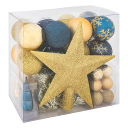 Set decoratiuni Craciun, 44 piese, cu globuri, ghirlanda si varf de brad, albastru si auriu