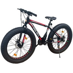 Bicicleta fat bike 26 inch, 21 viteze, schimbator shimano, anvelope 4 inch, frane pe disc, negru rosu