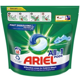 Detergent Capsule pentru Rufe, Ariel, Pods All in 1, Mountain Spring, Set 65 Bucati