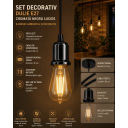 Set Dulie E27 Negru Cromat Lucios cu fir de sustinere si bec decorativ tip para cu lumina calda cu accesorii de montaj