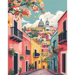 Set pictura pe numere, cu sasiu, Straduta mediteraneana colorata, 40x50 cm
