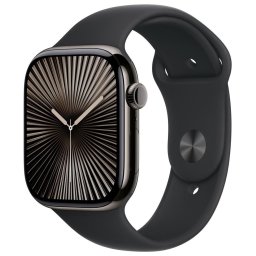 Ceas inteligent Apple Watch Series 10, GPS + Cellular, 46mm, Carcaza din titan Ardezie, Curea sport neagra, Masura S/M