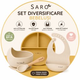 Set diversificare bebelusi saro , farfurie silicon + bol cu ventuza + baveta anti-mizerie, sigur, usor de curatat