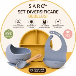 Set diversificare bebelusi saro , farfurie silicon + bol cu ventuza + baveta anti-mizerie, sigur, usor de curatat
