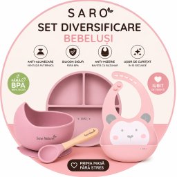 Set diversificare bebelusi saro , farfurie silicon + bol cu ventuza + baveta anti-mizerie, sigur, usor de curatat
