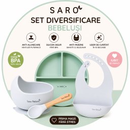 Set diversificare bebelusi saro , farfurie silicon + bol cu ventuza + baveta anti-mizerie, sigur, usor de curatat