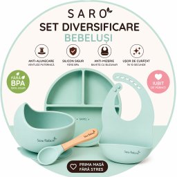 Set diversificare bebelusi saro , farfurie silicon + bol cu ventuza + baveta anti-mizerie, sigur, usor de curatat