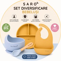 Set diversificare bebelusi saro , farfurie silicon + bol cu ventuza + baveta anti-mizerie, sigur, usor de curatat