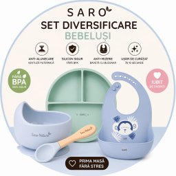 Set diversificare bebelusi saro , farfurie silicon + bol cu ventuza + baveta anti-mizerie, sigur, usor de curatat