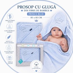 Prosop din fibra de bambus cu gluga pentru bebelusi si copii, hands-free, prince blue, 85x85cm