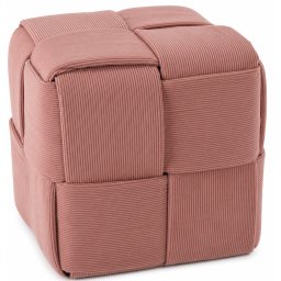 Taburet cub roz, tapitat cu material reiat, design impletit, 39x39x39 cm
