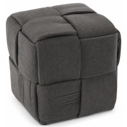Taburet cub tapitat gri, material reiat, design impletit, 34x34x34 cm